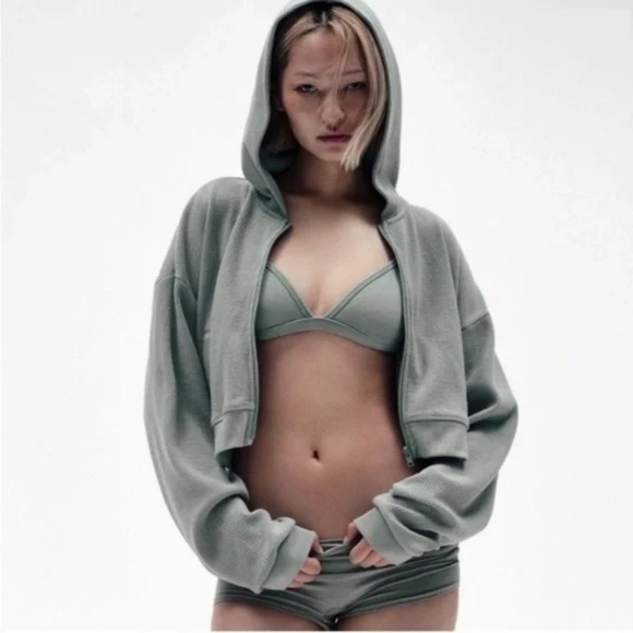 SKIMS Waffle Zip Up Cropped Jacket in Mineral Sage Green Size Large - Picture 2 of 11